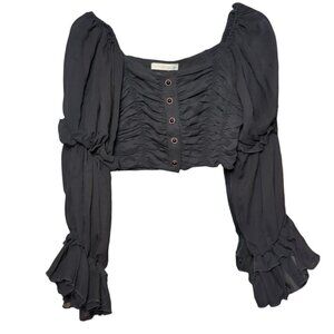 Womens Small Black Ruche Bodice Cropped Ruffle Sheer Gothic Fairy Retro festival